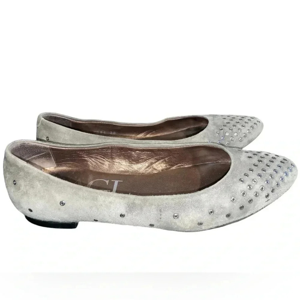 AGL Atillio Giusti Leombruni Grommet Grey Suede Studded Flats - Picture 3 of 4